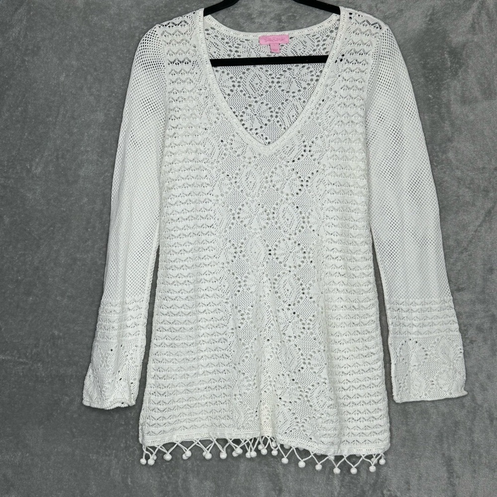 Lilly Pulitzer White Crochet V-Neck Sweater